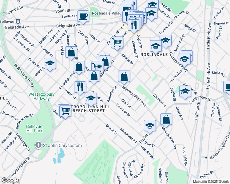 map of restaurants, bars, coffee shops, grocery stores, and more near 119 Augustus Avenue in Boston
