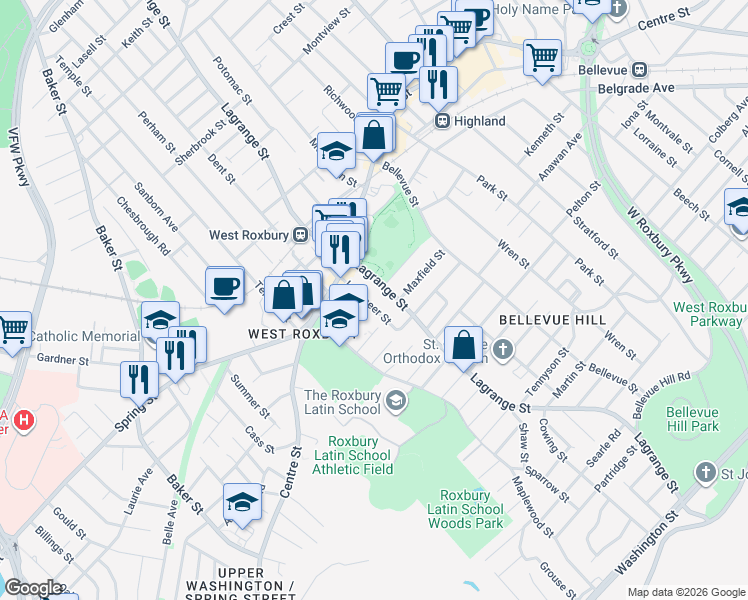 map of restaurants, bars, coffee shops, grocery stores, and more near 88 Landseer Street in Boston