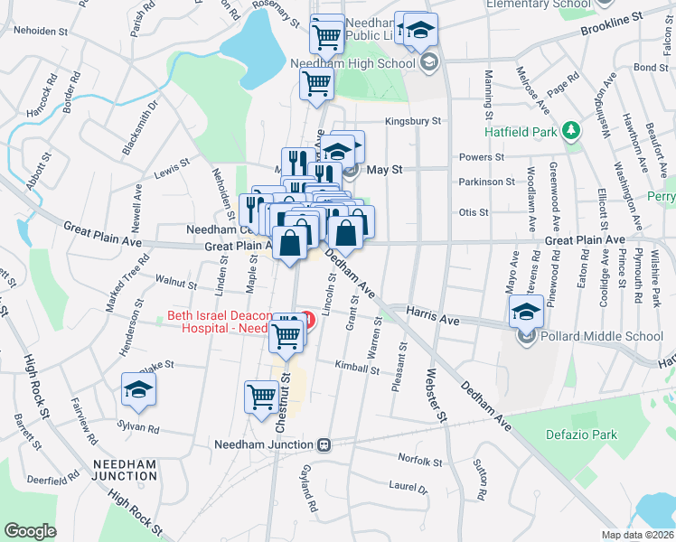 map of restaurants, bars, coffee shops, grocery stores, and more near 81 Dedham Avenue in Needham