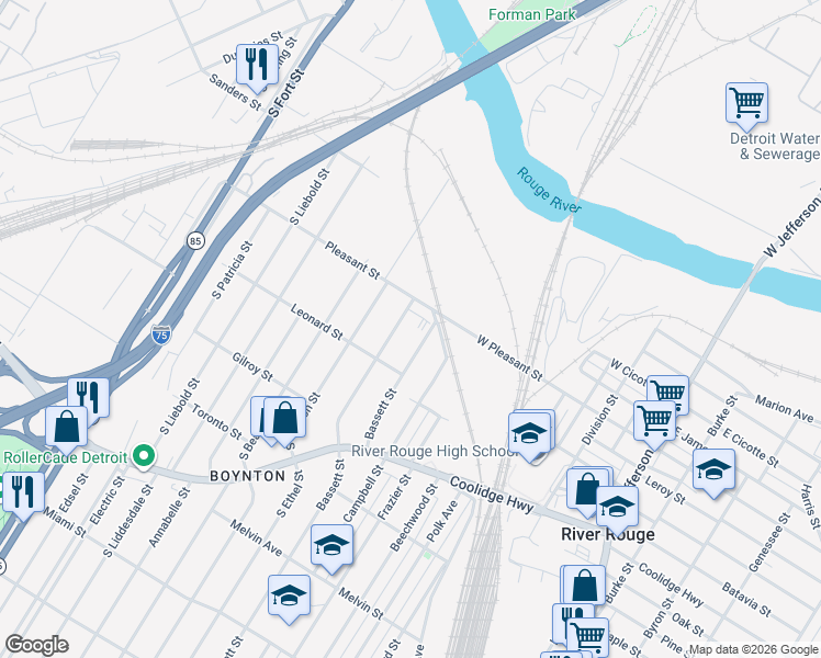 map of restaurants, bars, coffee shops, grocery stores, and more near 1082 Bassett Street in Detroit
