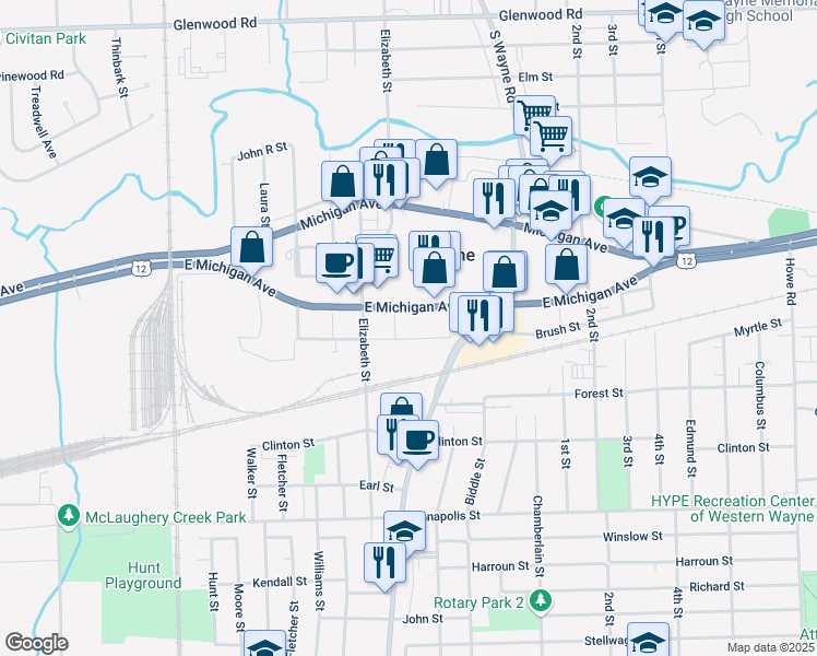 map of restaurants, bars, coffee shops, grocery stores, and more near 35440 Town Square in Wayne