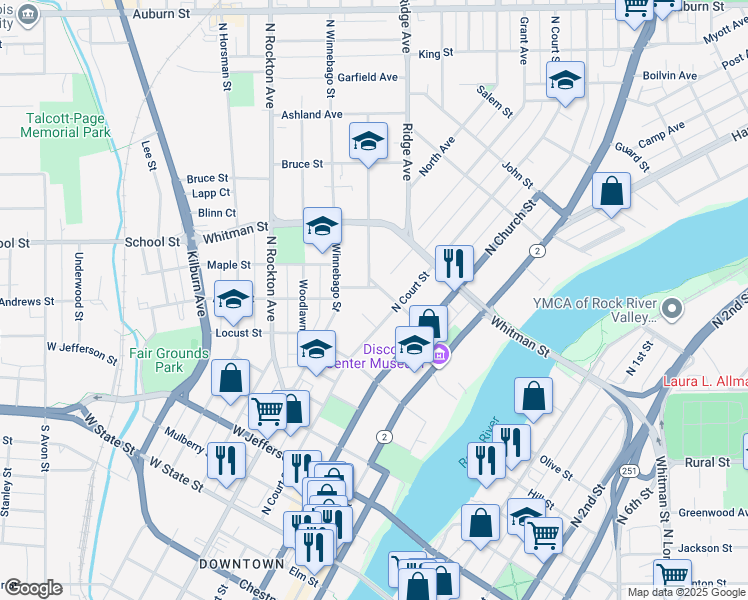 map of restaurants, bars, coffee shops, grocery stores, and more near 718 North Court Street in Rockford