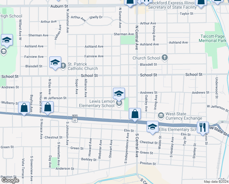 map of restaurants, bars, coffee shops, grocery stores, and more near 307 Albert Avenue in Rockford