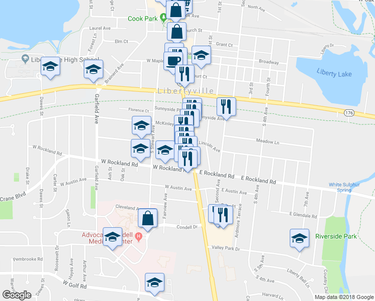 map of restaurants, bars, coffee shops, grocery stores, and more near 411 South Milwaukee Avenue in Libertyville