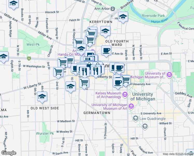 map of restaurants, bars, coffee shops, grocery stores, and more near 200 East Liberty Street in Ann Arbor