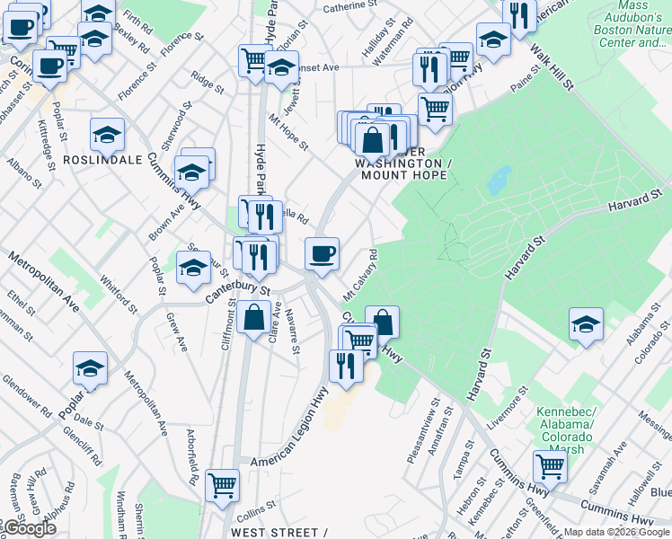map of restaurants, bars, coffee shops, grocery stores, and more near 18 Gilman Street in Boston