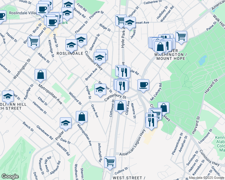 map of restaurants, bars, coffee shops, grocery stores, and more near 68 Seymour Street in Boston