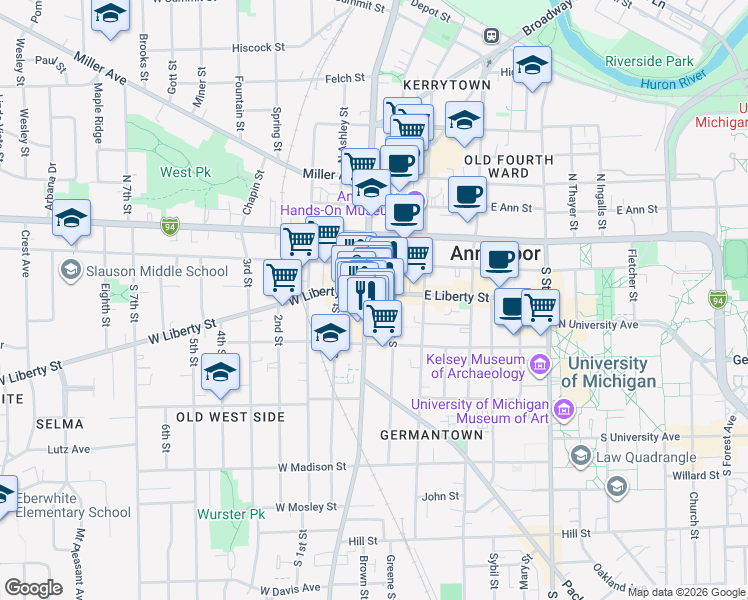 map of restaurants, bars, coffee shops, grocery stores, and more near 309 South Main Street in Ann Arbor