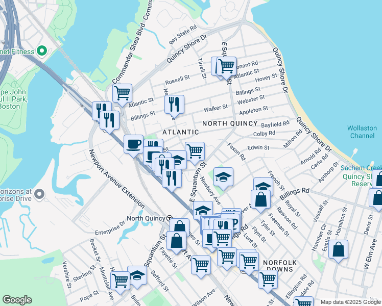 map of restaurants, bars, coffee shops, grocery stores, and more near 134 Newbury Avenue in Quincy