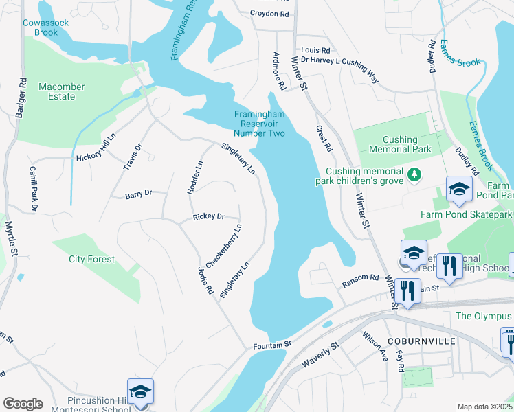 map of restaurants, bars, coffee shops, grocery stores, and more near 349 Singletary Lane in Framingham