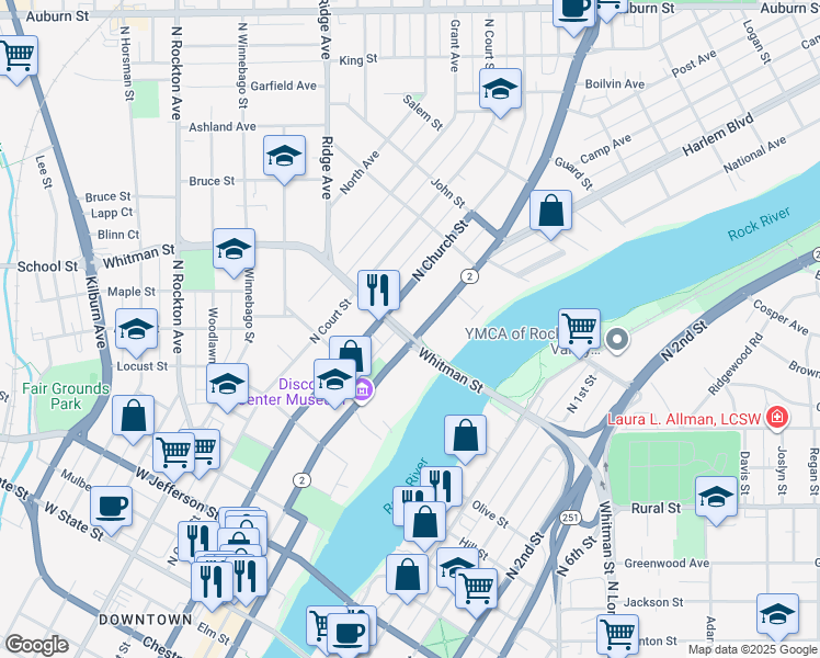 map of restaurants, bars, coffee shops, grocery stores, and more near 902 North Main Street in Rockford