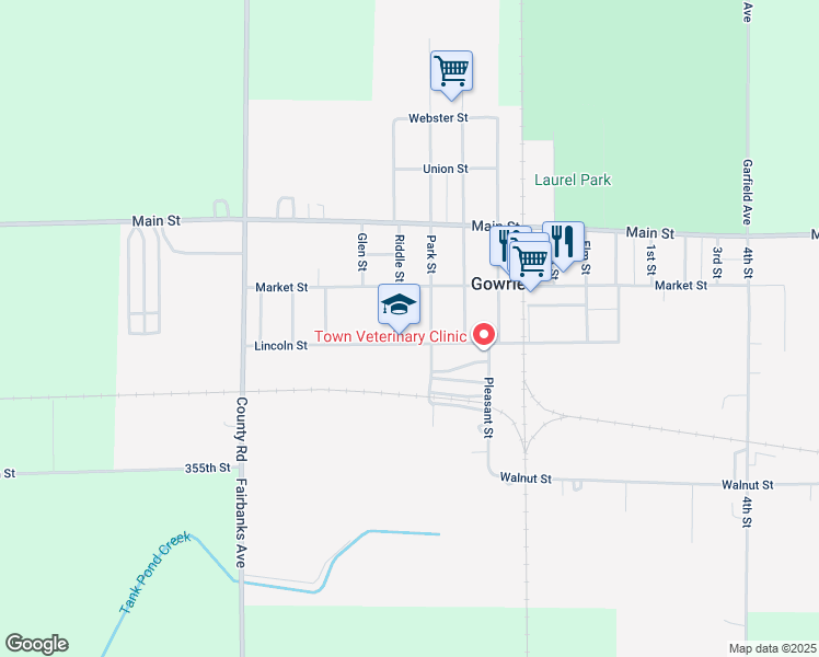 map of restaurants, bars, coffee shops, grocery stores, and more near 1000-1004 Riddle St in Gowrie