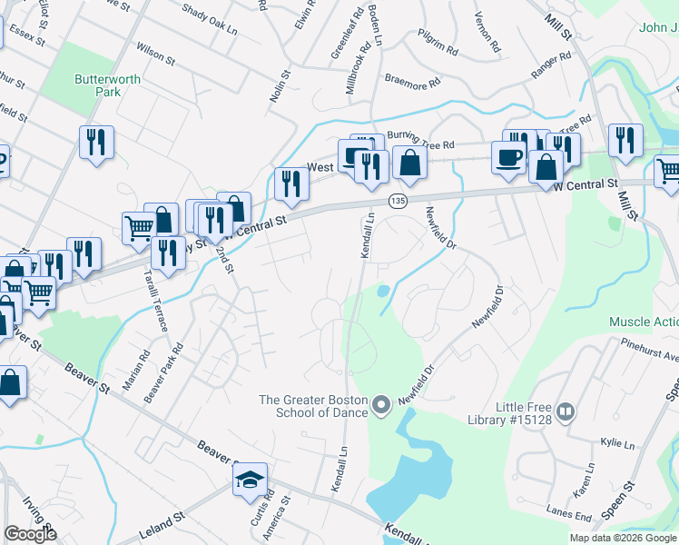 map of restaurants, bars, coffee shops, grocery stores, and more near 9 Village Rock Lane in Natick