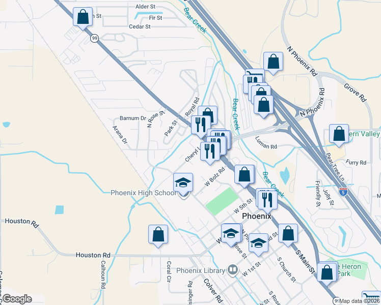map of restaurants, bars, coffee shops, grocery stores, and more near 101 Cheryl Lane in Phoenix