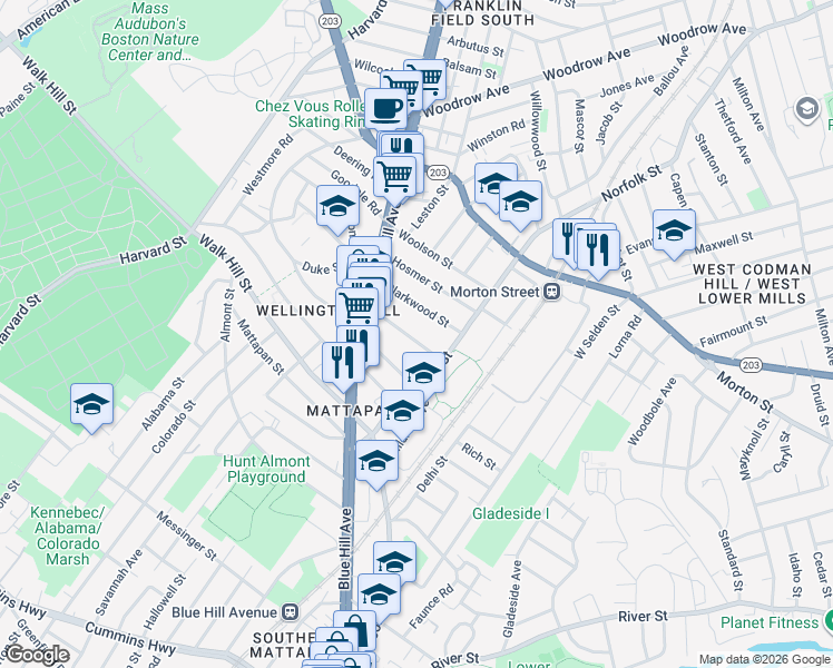 map of restaurants, bars, coffee shops, grocery stores, and more near 45 Evelyn Street in Boston