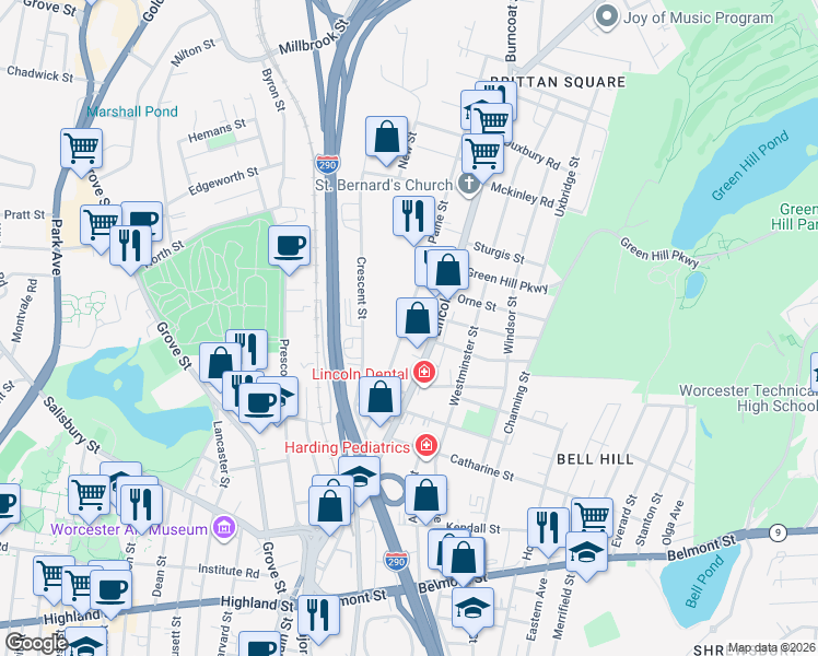 map of restaurants, bars, coffee shops, grocery stores, and more near 8 Perkins Street in Worcester