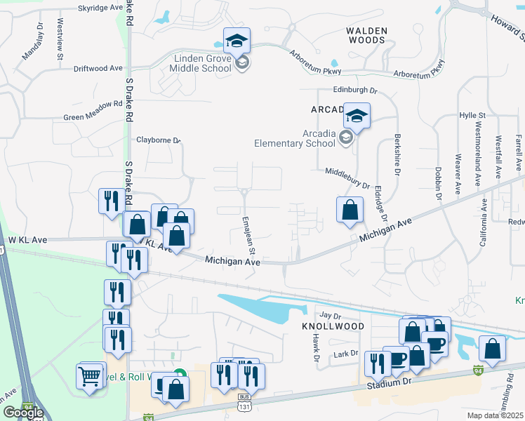 map of restaurants, bars, coffee shops, grocery stores, and more near 4130 West Michigan Avenue in Kalamazoo