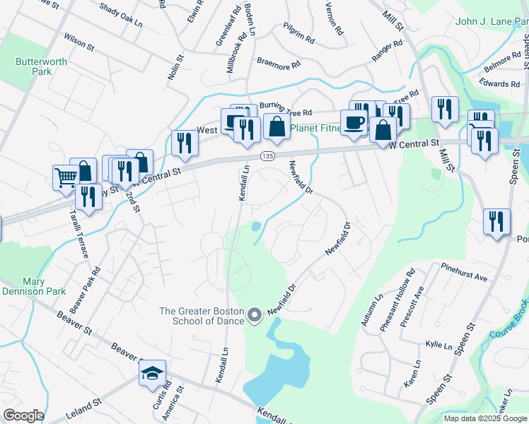 map of restaurants, bars, coffee shops, grocery stores, and more near 14 Village Way in Natick