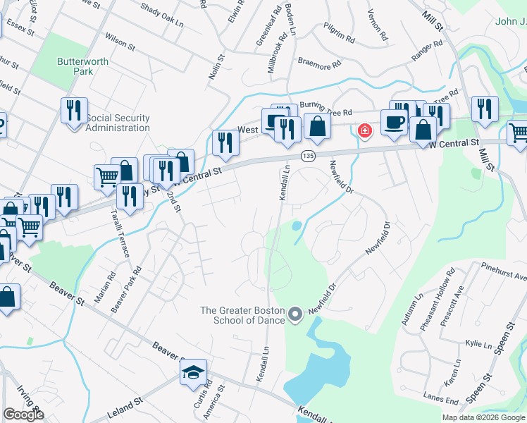map of restaurants, bars, coffee shops, grocery stores, and more near 7 Village Rock Lane in Natick