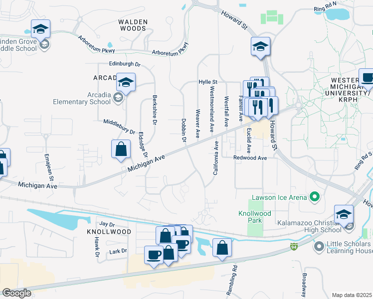 map of restaurants, bars, coffee shops, grocery stores, and more near 3207 West Michigan Avenue in Kalamazoo