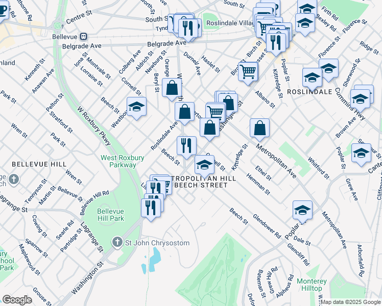 map of restaurants, bars, coffee shops, grocery stores, and more near 18 Cedrus Avenue in Boston