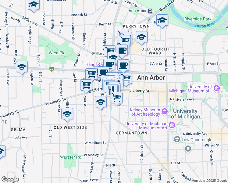 map of restaurants, bars, coffee shops, grocery stores, and more near 309 South Main Street in Ann Arbor