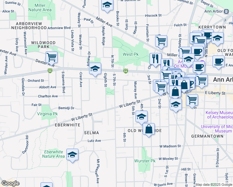 map of restaurants, bars, coffee shops, grocery stores, and more near 319 South 7th Street in Ann Arbor