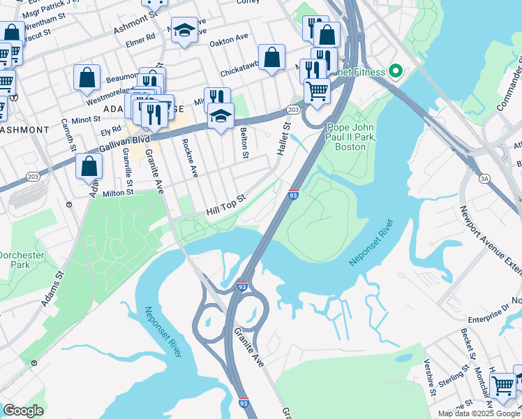 map of restaurants, bars, coffee shops, grocery stores, and more near 151 Hallet Street in Boston