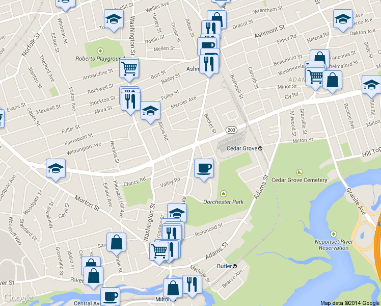 map of restaurants, bars, coffee shops, grocery stores, and more near 265-267 Gallivan Boulevard in Boston