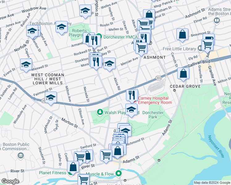 map of restaurants, bars, coffee shops, grocery stores, and more near 235 Gallivan Boulevard in Boston