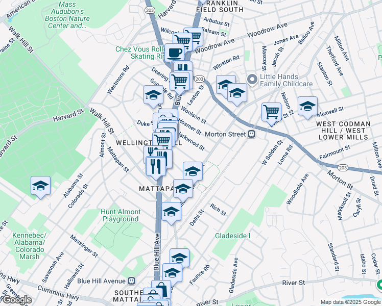 map of restaurants, bars, coffee shops, grocery stores, and more near 45 Evelyn Street in Boston