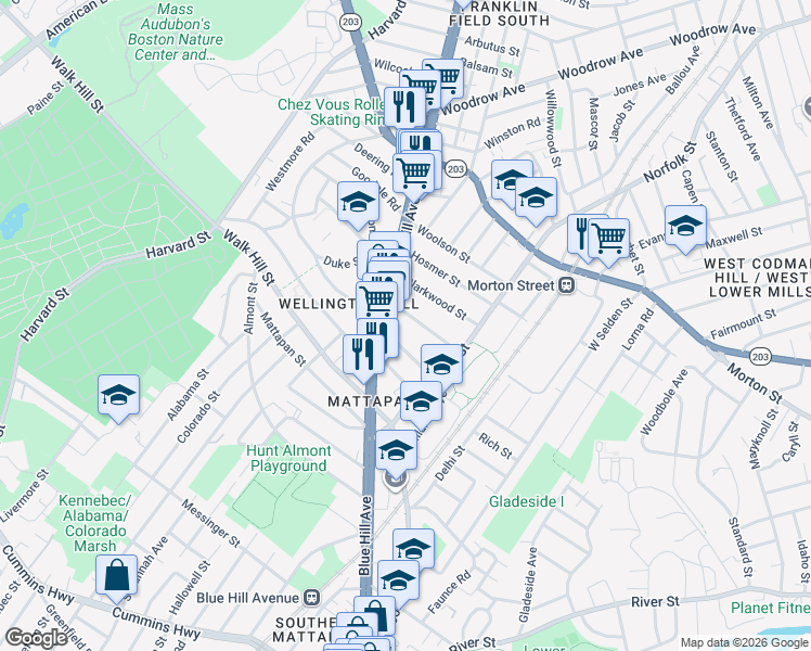 map of restaurants, bars, coffee shops, grocery stores, and more near 10 Fessenden Street in Boston