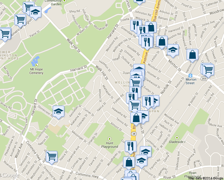 map of restaurants, bars, coffee shops, grocery stores, and more near 12-14 Mulvey Street in Boston