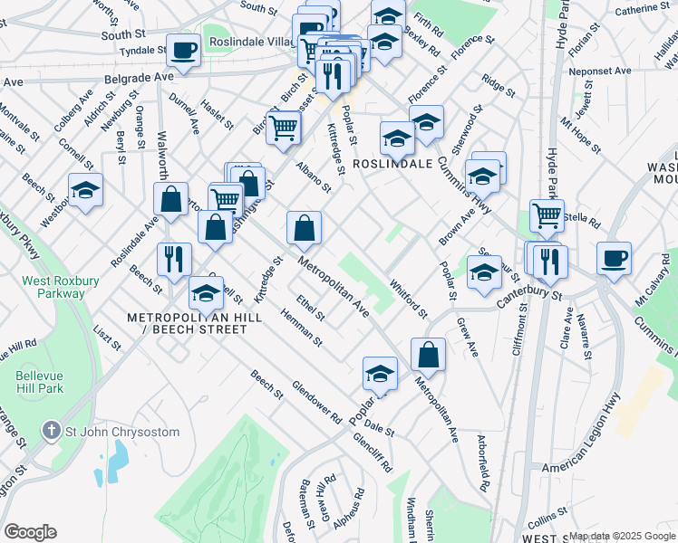 map of restaurants, bars, coffee shops, grocery stores, and more near 162 Metropolitan Avenue in Boston