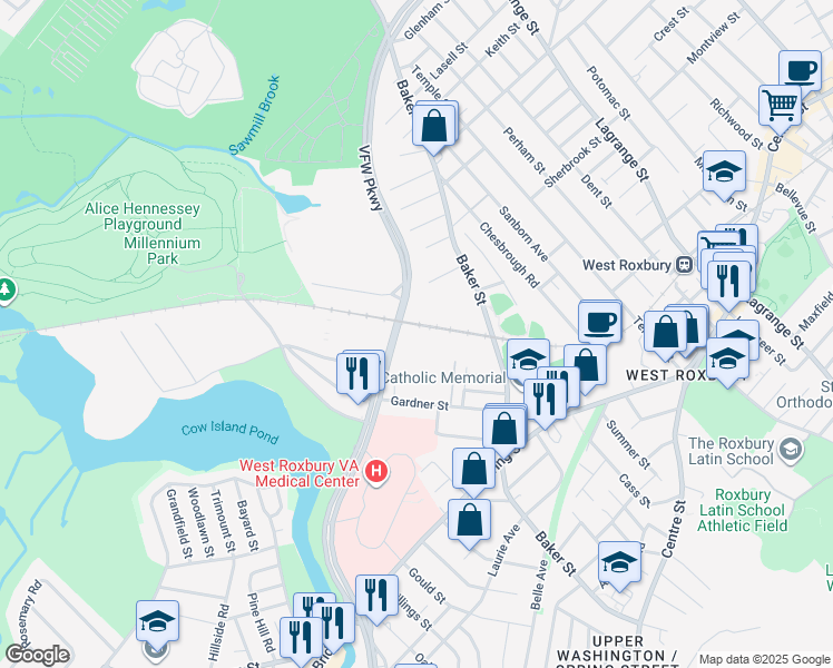 map of restaurants, bars, coffee shops, grocery stores, and more near 1208 VFW Parkway in Boston