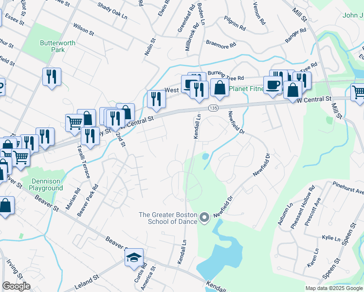 map of restaurants, bars, coffee shops, grocery stores, and more near 9 Village Rock Lane in Natick
