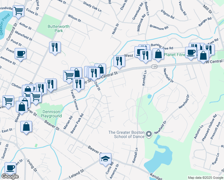 map of restaurants, bars, coffee shops, grocery stores, and more near 21 Homeward Lane in Natick