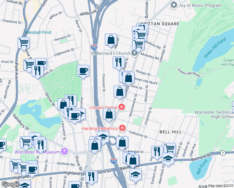 map of restaurants, bars, coffee shops, grocery stores, and more near 8 Perkins Street in Worcester