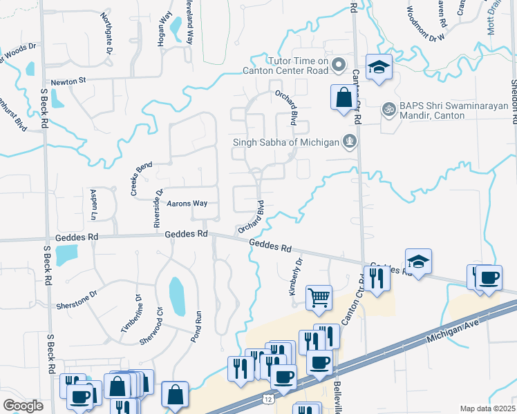 map of restaurants, bars, coffee shops, grocery stores, and more near 400 Ash Court in Canton