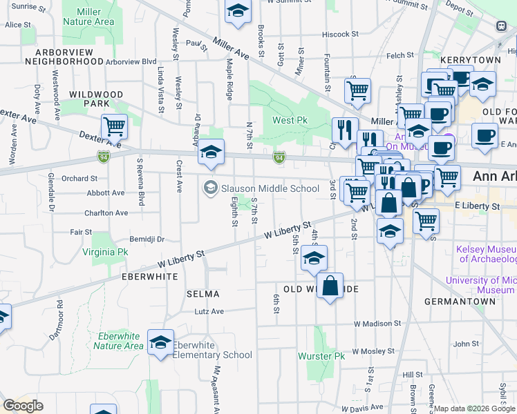map of restaurants, bars, coffee shops, grocery stores, and more near 319 South 7th Street in Ann Arbor