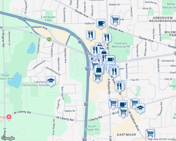 map of restaurants, bars, coffee shops, grocery stores, and more near in Ann Arbor