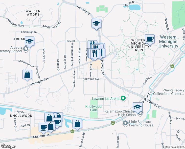 map of restaurants, bars, coffee shops, grocery stores, and more near 1214 Lafayette Avenue in Kalamazoo