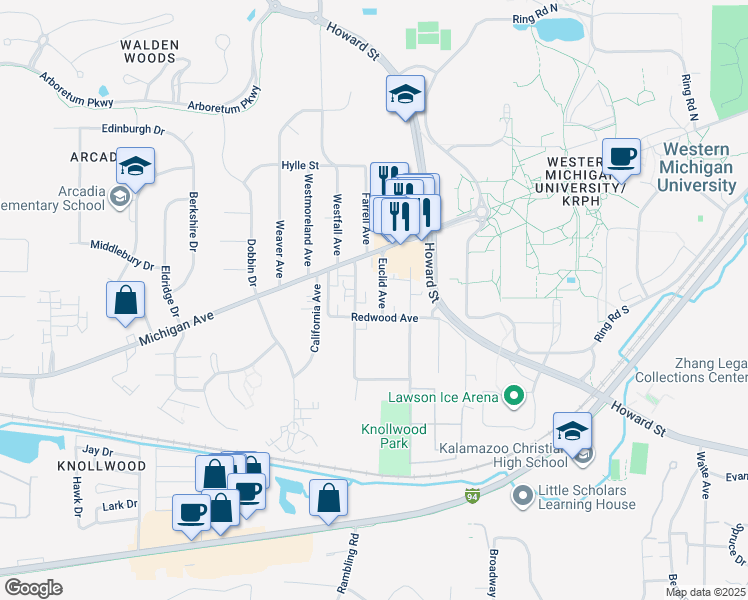 map of restaurants, bars, coffee shops, grocery stores, and more near 1211 Greenwood Avenue in Kalamazoo