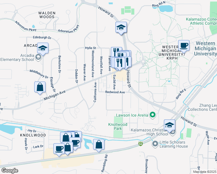 map of restaurants, bars, coffee shops, grocery stores, and more near 1211 Greenwood Avenue in Kalamazoo