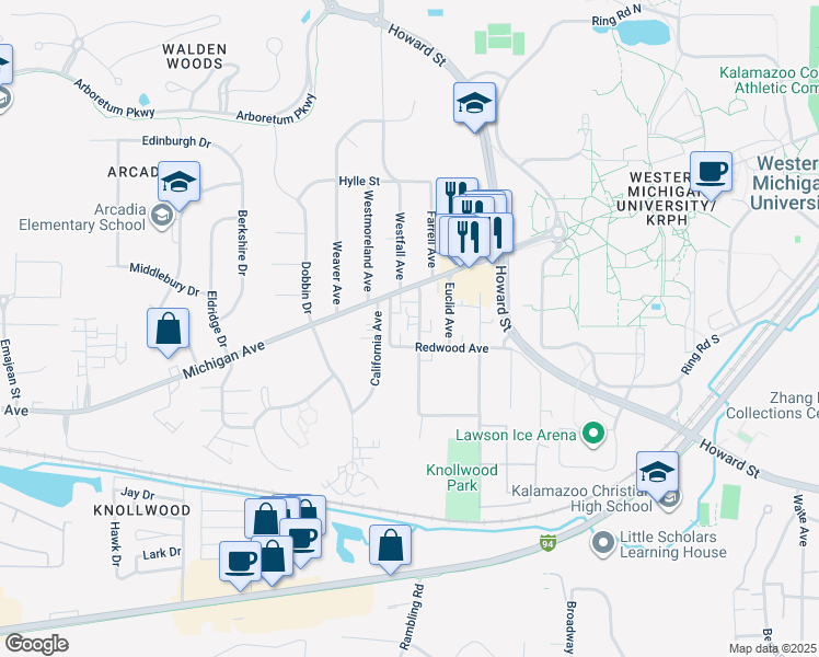 map of restaurants, bars, coffee shops, grocery stores, and more near 2918 Redwood Avenue in Kalamazoo