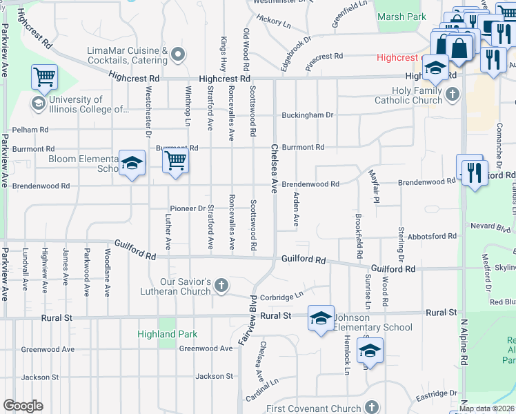 map of restaurants, bars, coffee shops, grocery stores, and more near 1017 Scottswood Road in Rockford