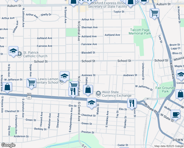map of restaurants, bars, coffee shops, grocery stores, and more near 326 Irving Avenue in Rockford