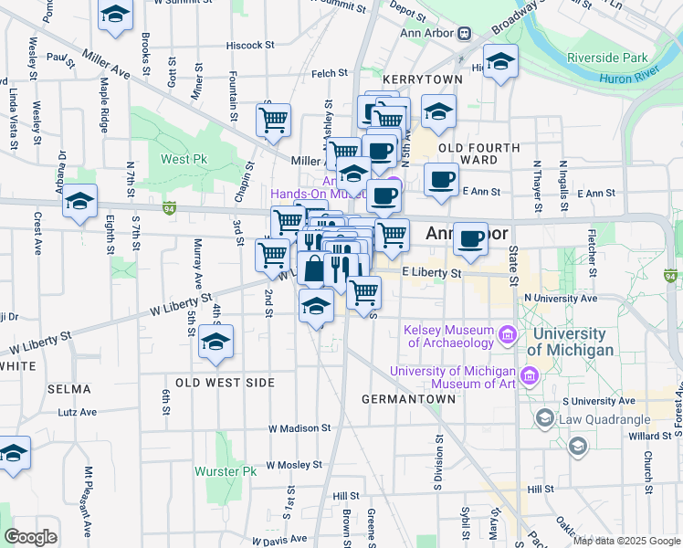 map of restaurants, bars, coffee shops, grocery stores, and more near 101 West Liberty Street in Ann Arbor