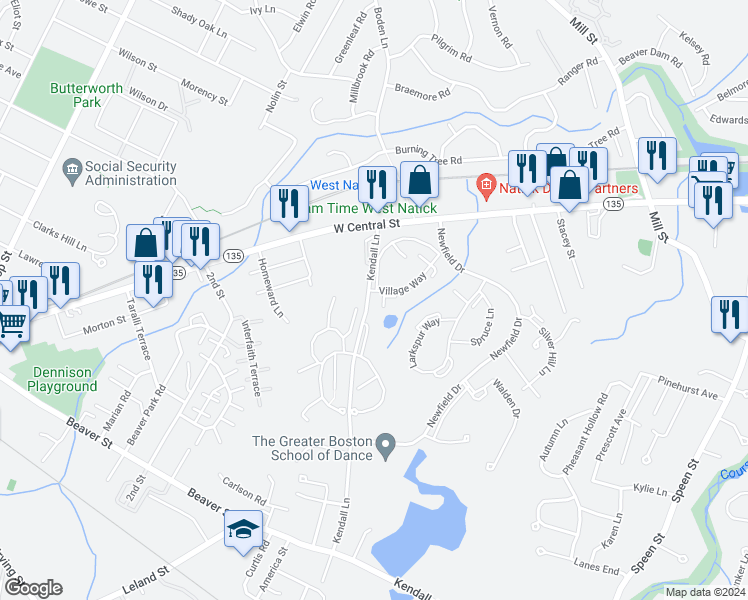 map of restaurants, bars, coffee shops, grocery stores, and more near 18 Village Way in Natick