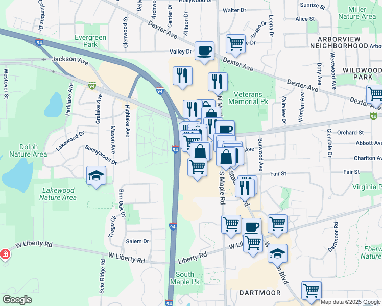 map of restaurants, bars, coffee shops, grocery stores, and more near 2513 Jackson Avenue in Ann Arbor